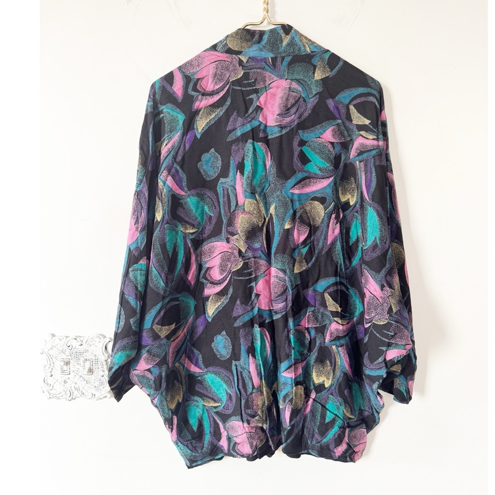 Vintage 80s Black Pink Teal Floral Oversized Kimono Jacket Blazer Artsy Boho L - Picture 7 of 9